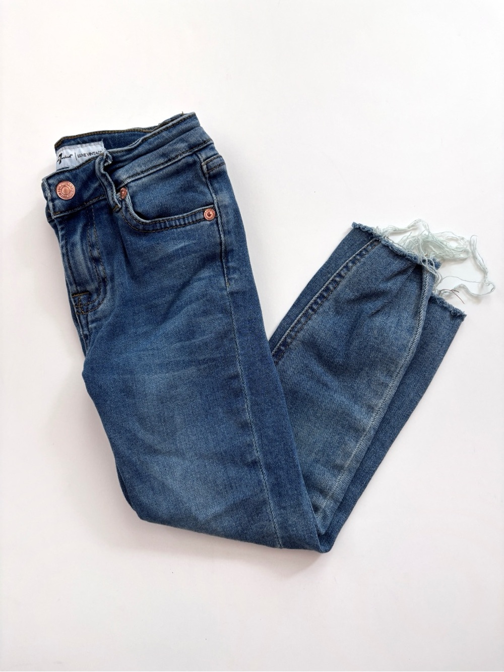 7 For All Mankind Denim Ankle Jeans in Mid Blue with Frayed Hem